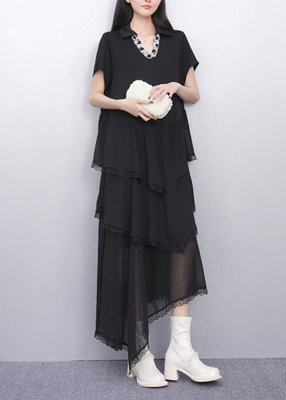 Fashion Black Peter Pan Collar Asymmetrical Long Cake Dress Short Sleeve