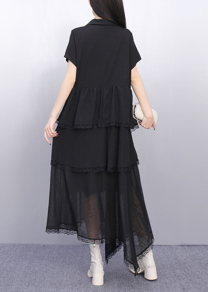 Fashion Black Peter Pan Collar Asymmetrical Long Cake Dress Short Sleeve