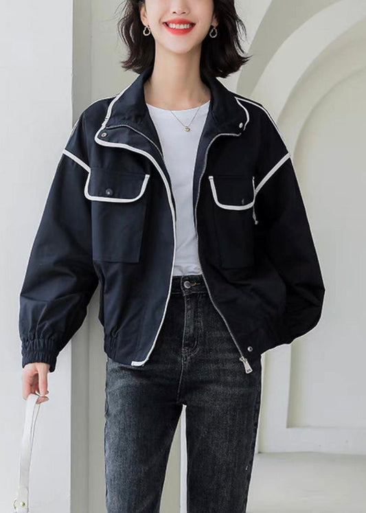 Mode Schwarz Peter Pan Kragen Taschen Mantel Frühling