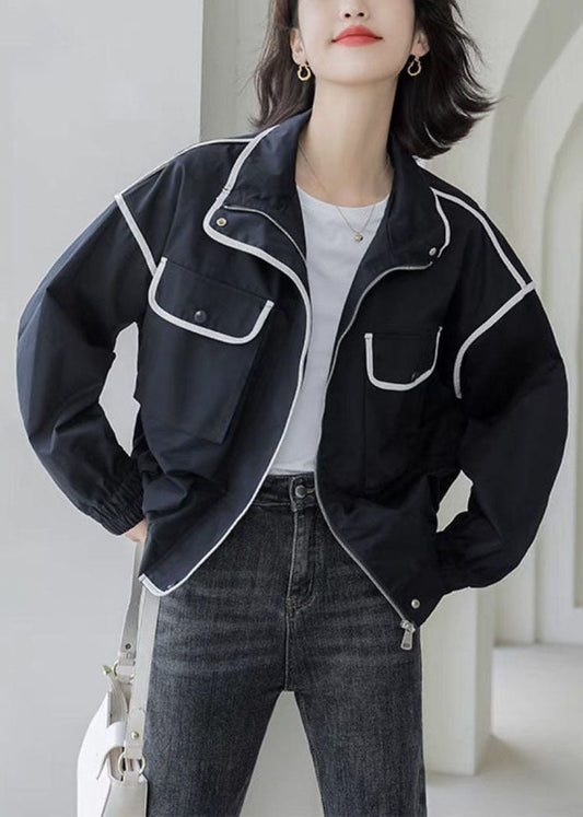 Mode Schwarz Peter Pan Kragen Taschen Mantel Frühling