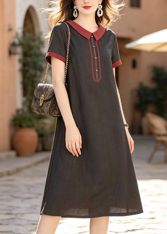 Fashion Black Peter Pan Collar Pockets Silk Dress Summer