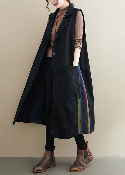 Mode Schwarz Peter Pan Kragen Knopf Taschen Patchwork Herbst Ärmellose Weste