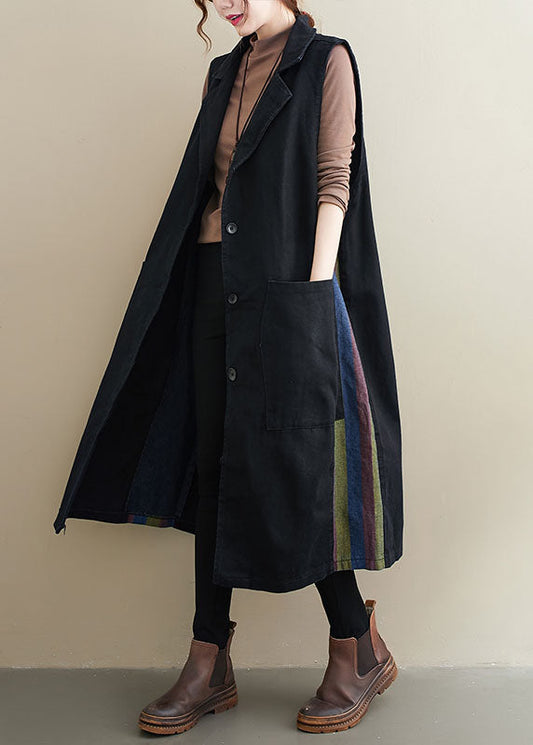 Mode Schwarz Peter Pan Kragen Knopf Taschen Patchwork Herbst Ärmellose Weste