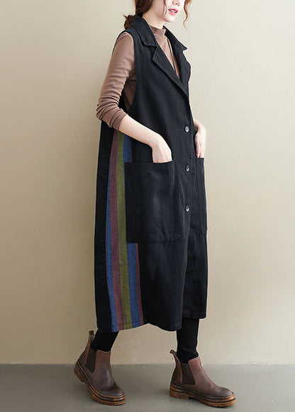 Mode Schwarz Peter Pan Kragen Knopf Taschen Patchwork Herbst Ärmellose Weste