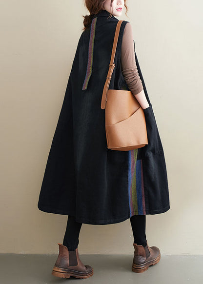 Mode Schwarz Peter Pan Kragen Knopf Taschen Patchwork Herbst Ärmellose Weste