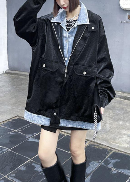Fashion Black Pockets Patchwork Button Fall Long Sleeve Coat - SooLinen