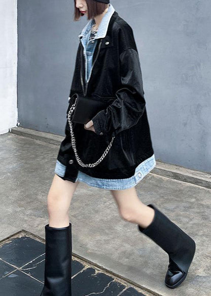 Fashion Black Pockets Patchwork Button Fall Long Sleeve Coat - SooLinen