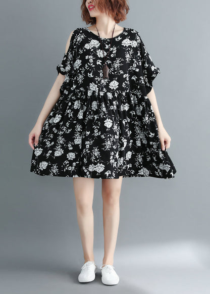 Mode Schwarz Print Cold Shoulder Cinched Urlaub Kleid Kurzarm