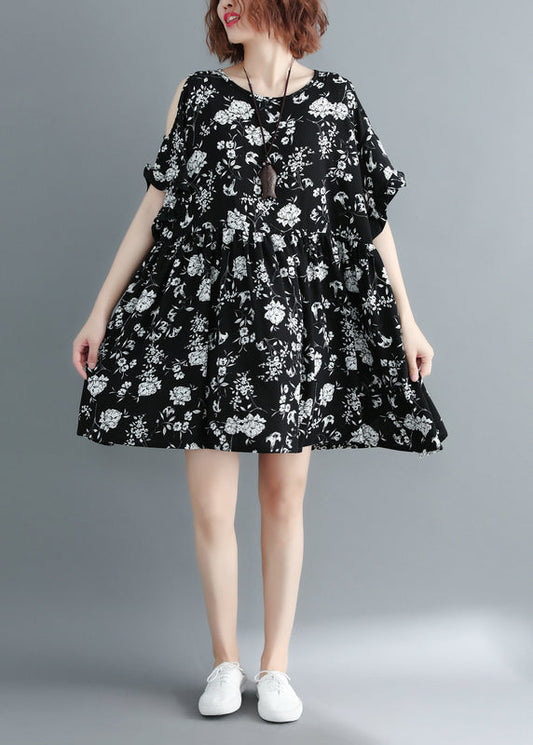 Mode Schwarz Print Cold Shoulder Cinched Urlaub Kleid Kurzarm