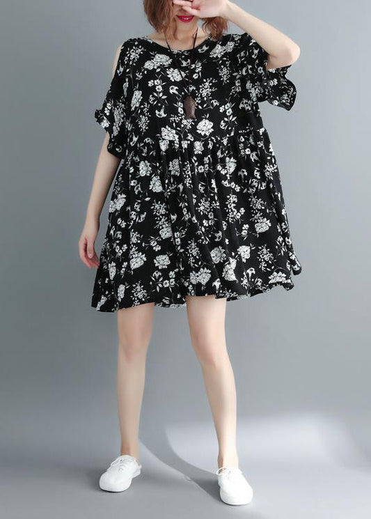 Mode Schwarz Print Cold Shoulder Cinched Urlaub Kleid Kurzarm