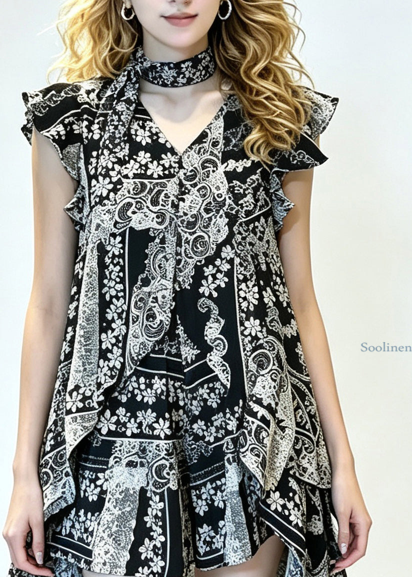 Fashion Black Print Ruffled Top And Shorts Two-Piece Set Summer