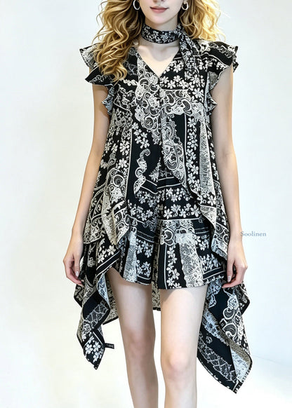 Fashion Black Print Ruffled Top And Shorts Two-Piece Set Summer