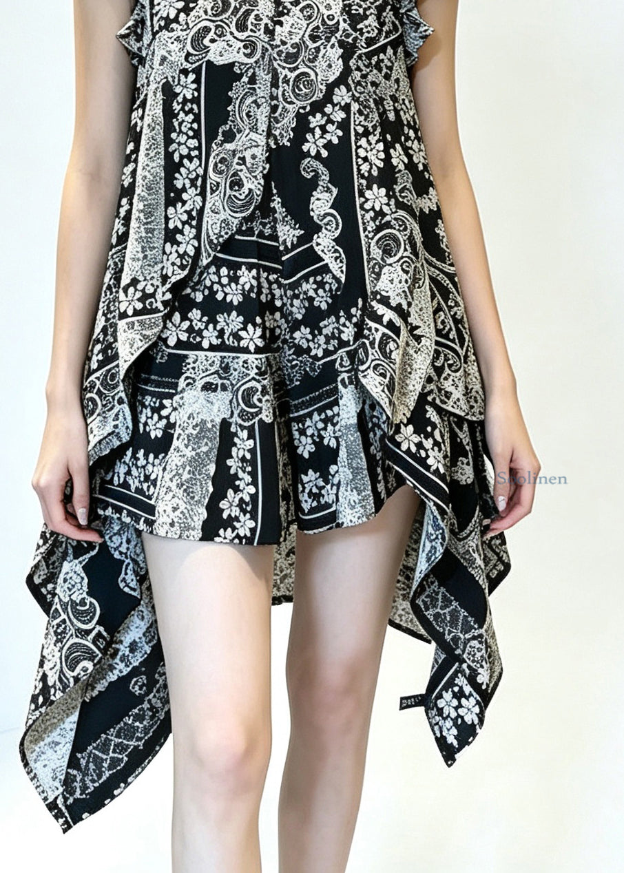 Fashion Black Print Ruffled Top And Shorts Two-Piece Set Summer