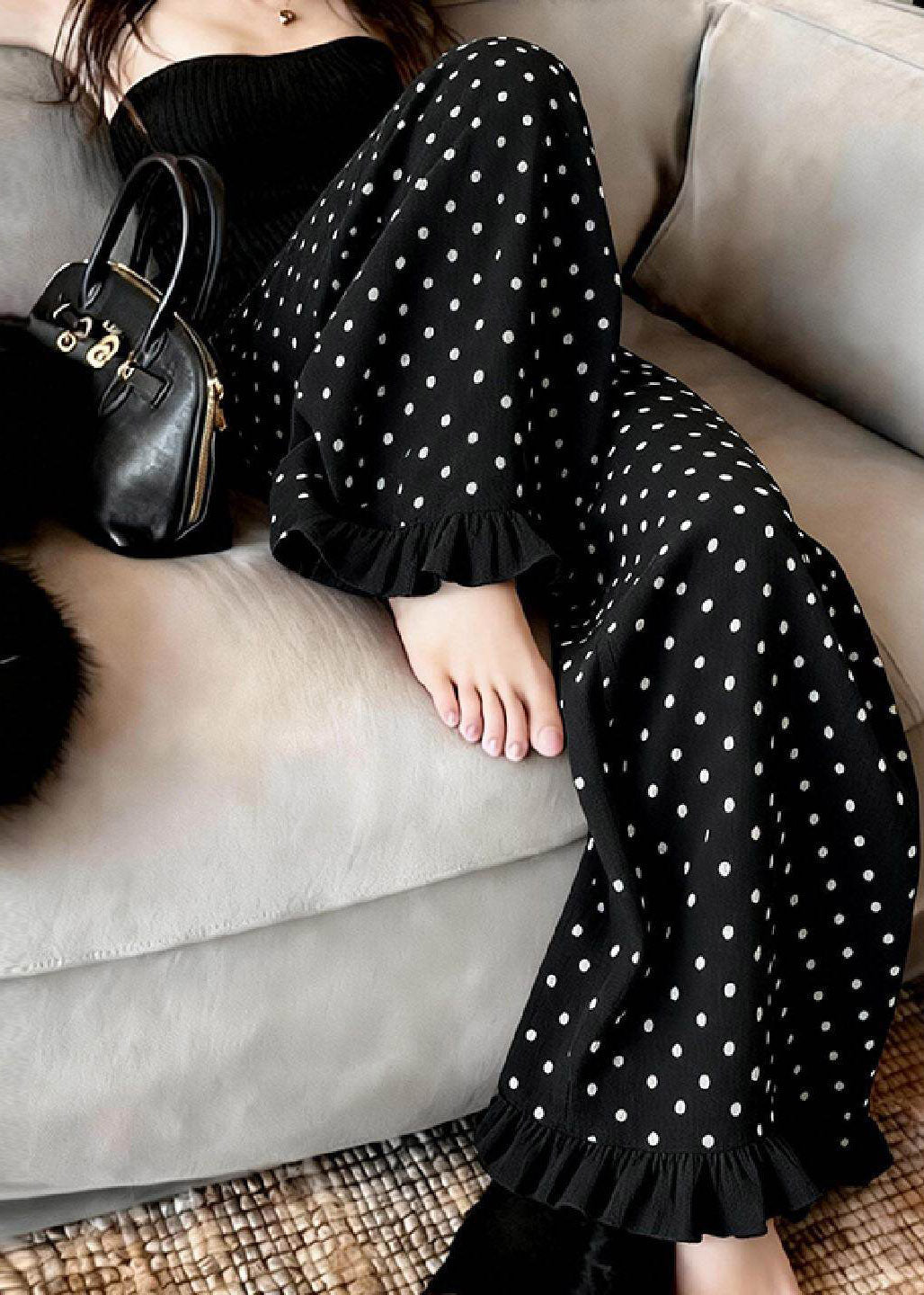 Fashion Black Ruffled Dot Print Wide Leg Pants Summer