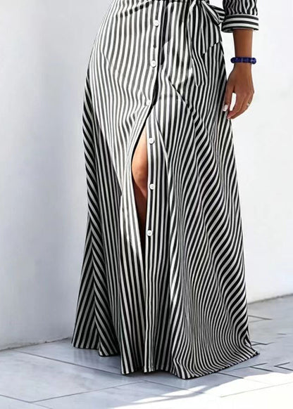Fashion Black Striped Peter Pan Collar Tie Waist  Long Dresses Bracelet Sleeve