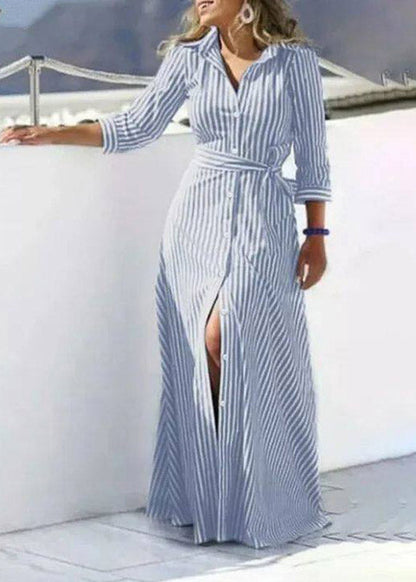 Fashion Black Striped Tie Waist Maxi Shirts Dress Three Quarter Sleeve