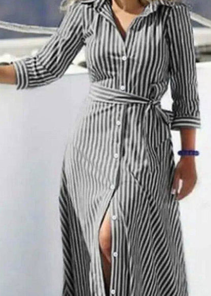 Fashion Black Striped Tie Waist Maxi Shirts Dress Three Quarter Sleeve
