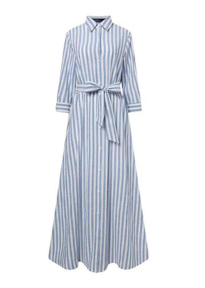 Fashion Black Striped Tie Waist Maxi Shirts Dress Three Quarter Sleeve