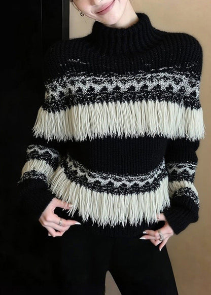 Fashion Black Tasseled Striped Knit Pullover Winter