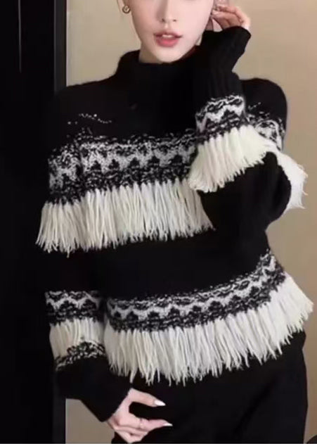 Fashion Black Tasseled Striped Knit Pullover Winter