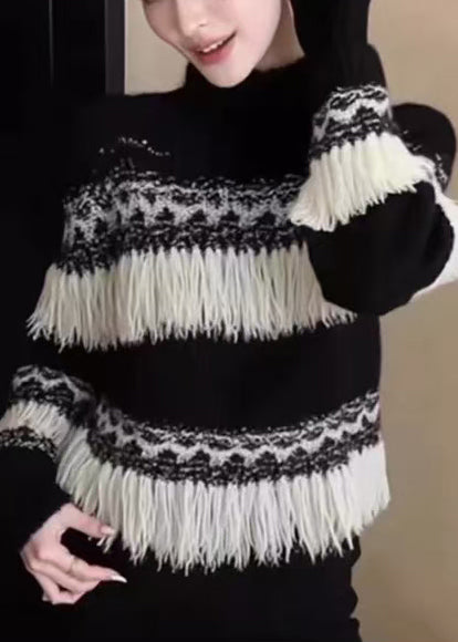 Fashion Black Tasseled Striped Knit Pullover Winter