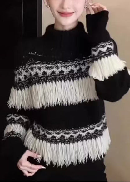Fashion Black Tasseled Striped Knit Pullover Winter