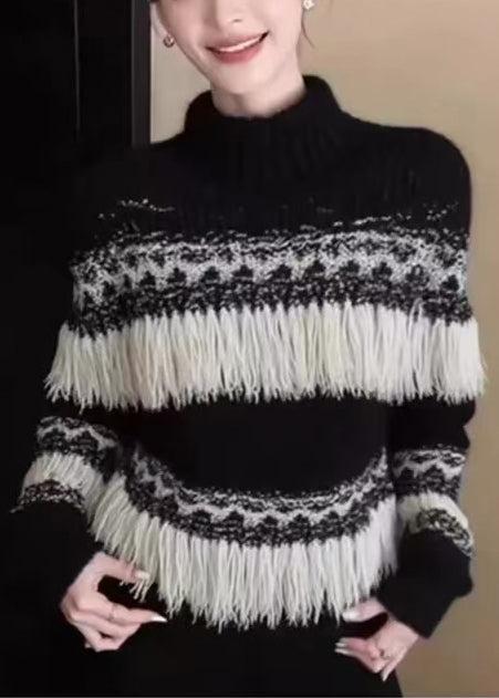 Fashion Black Tasseled Striped Knit Pullover Winter