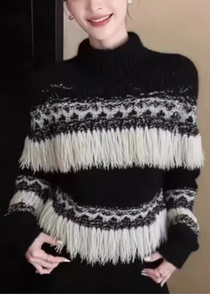 Fashion Black Tasseled Striped Knit Pullover Winter