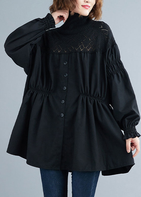 Mode Schwarz Rollkragen Patchwork Stricken Hemd Tops Frühling
