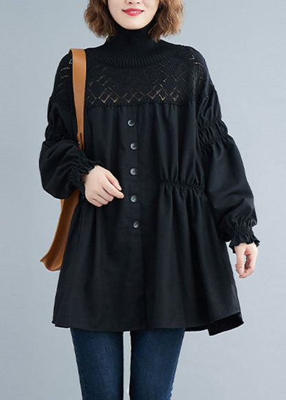 Mode Schwarz Rollkragen Patchwork Stricken Hemd Tops Frühling