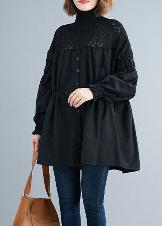 Mode Schwarz Rollkragen Patchwork Stricken Hemd Tops Frühling