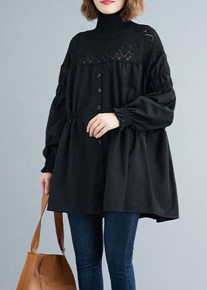 Mode Schwarz Rollkragen Patchwork Stricken Hemd Tops Frühling