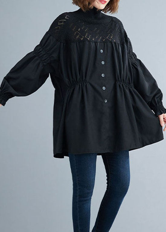 Mode Schwarz Rollkragen Patchwork Stricken Hemd Tops Frühling