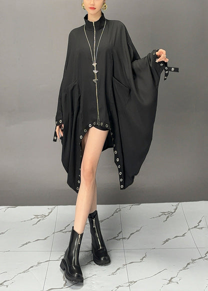 Fashion Black Turtleneck Asymmetrical Patchwork Maxi Coats Batwing Sleeve