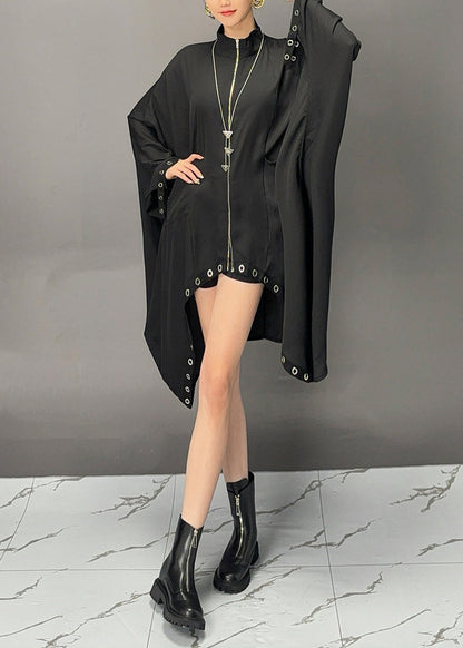 Fashion Black Turtleneck Asymmetrical Patchwork Maxi Coats Batwing Sleeve
