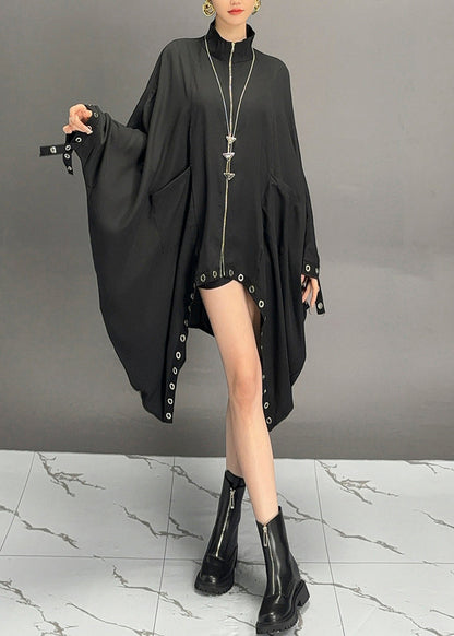 Fashion Black Turtleneck Asymmetrical Patchwork Maxi Coats Batwing Sleeve