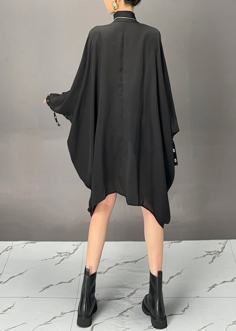 Fashion Black Turtleneck Asymmetrical Patchwork Maxi Coats Batwing Sleeve