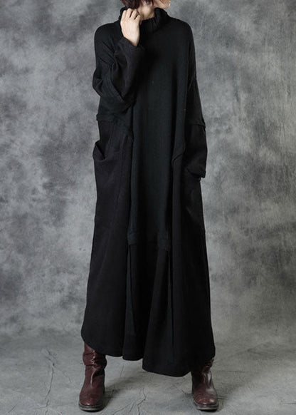 Mode Schwarz Rollkragen Patchwork Cord Herbst Langer Pullover