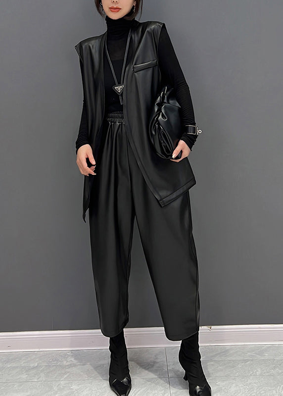 Mode Schwarz V-Ausschnitt Kunstleder Weste Und Gerade Hose Zwei Stücke Set Herbst