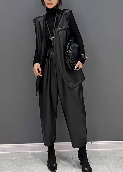 Mode Schwarz V-Ausschnitt Kunstleder Weste Und Gerade Hose Zwei Stücke Set Herbst