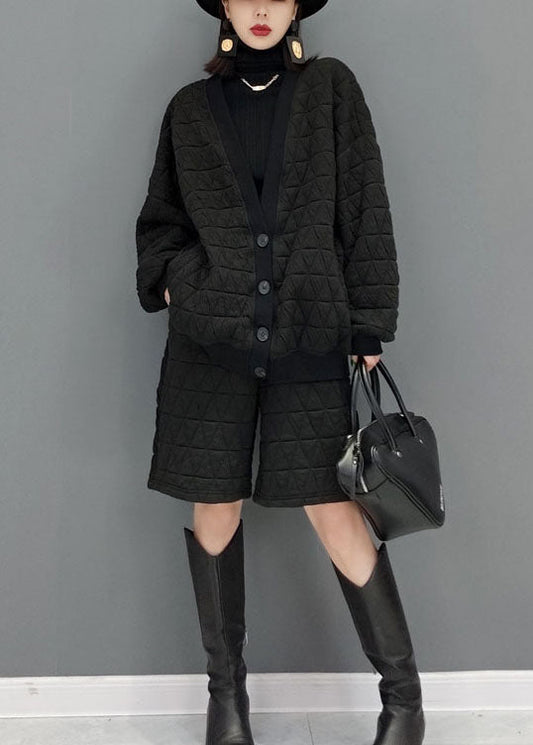 Mode Schwarz V-Ausschnitt Feine Baumwolle gefüllt Zwei Stücke Set Winter