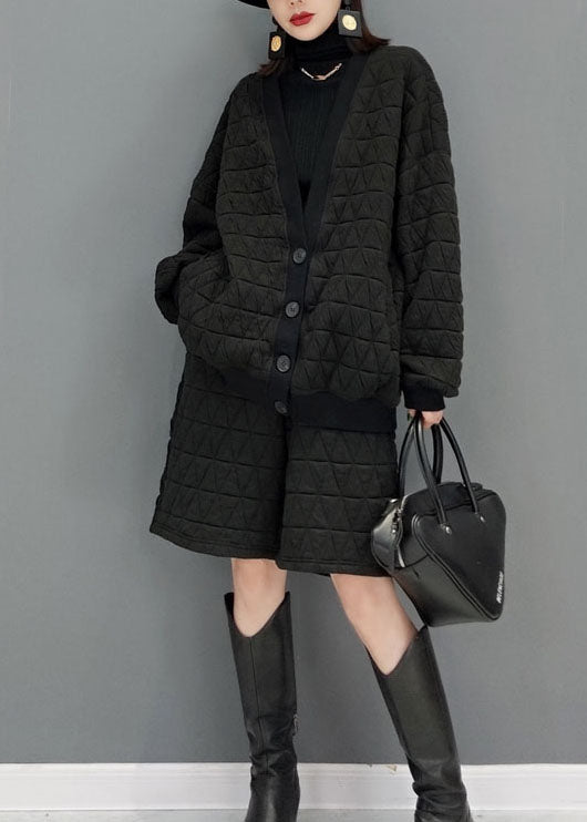 Mode Schwarz V-Ausschnitt Feine Baumwolle gefüllt Zwei Stücke Set Winter