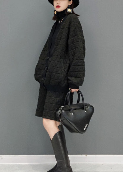 Mode Schwarz V-Ausschnitt Feine Baumwolle gefüllt Zwei Stücke Set Winter