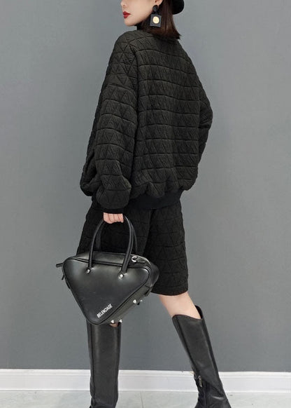 Mode Schwarz V-Ausschnitt Feine Baumwolle gefüllt Zwei Stücke Set Winter