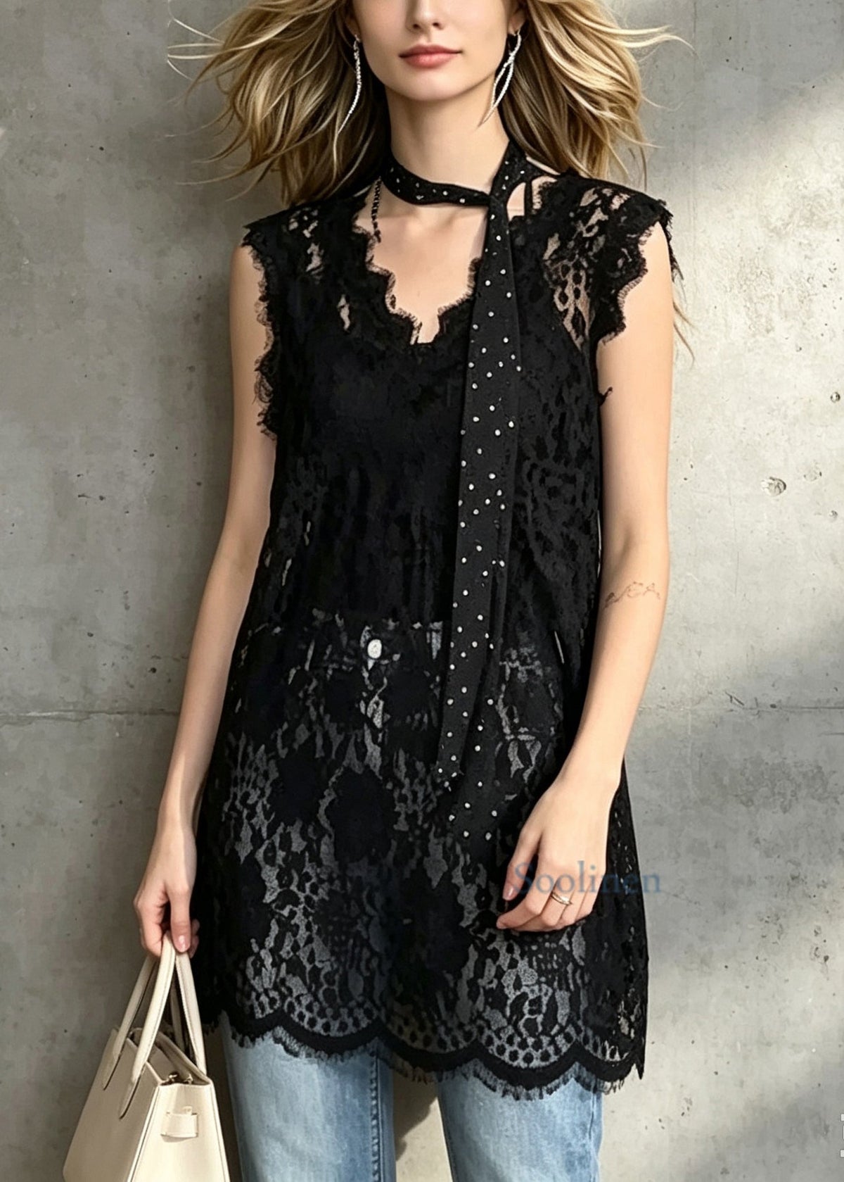 Fashion Black V Neck Hollow Out Lace Long Top Sleeveless