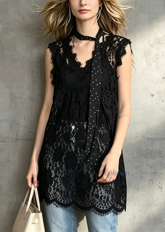 Fashion Black V Neck Hollow Out Lace Long Top Sleeveless