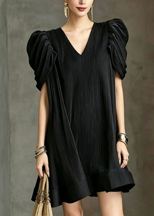 Fashion Black V Neck Ruffled Patchwork Puff Sleeve Cotton Mid Dress