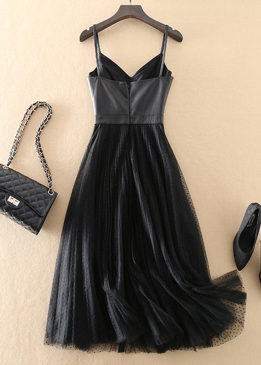 Mode Schwarz V-Ausschnitt Schaffell Patchwork Tüll Kleid Ärmellos