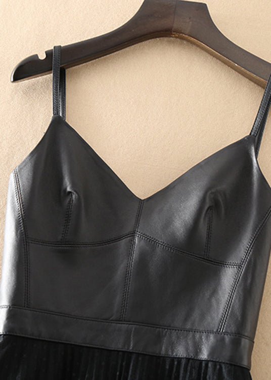 Fashion Black V Neck Sheepskin Patchwork Tulle Dress Sleeveless