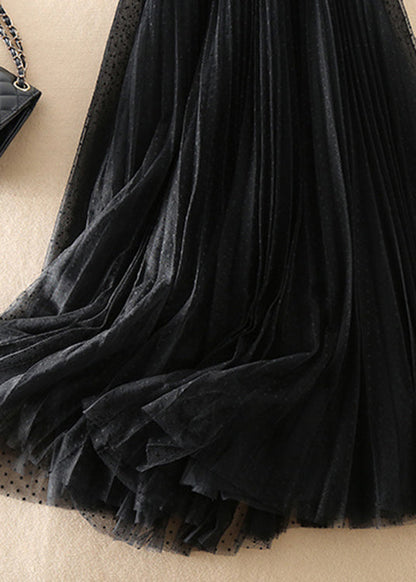Fashion Black V Neck Sheepskin Patchwork Tulle Dress Sleeveless
